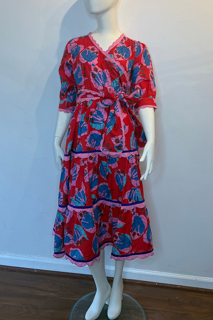 Belted Scalloped Trim Print Long Dress