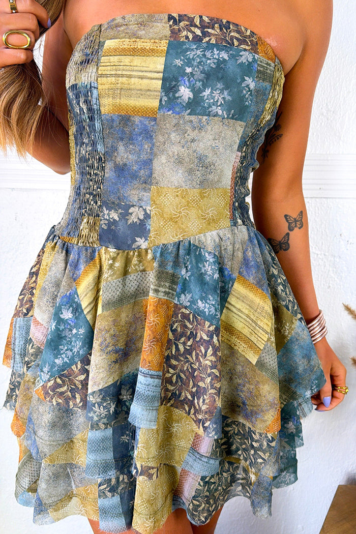Strapless Patchwork Floral Tiered Dress
