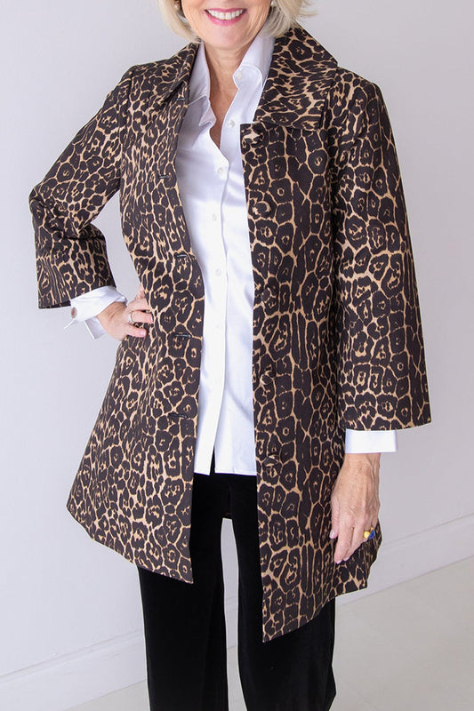Animal Print 3/4 Sleeve Collared Pocket Jacket
