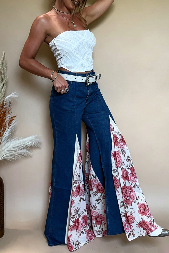 Mid Wash Denim Asymmetrical Floral Insert Flare Pants