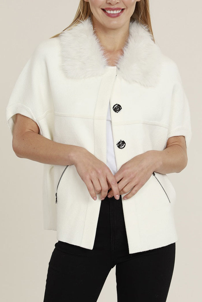 Faux Fur Collar Short Sleeve Cardigan