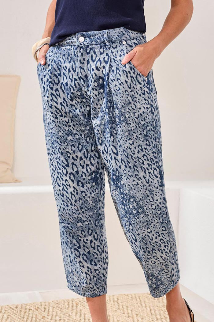 Leopard Jacquard Barrel Leg Denim Jeans
