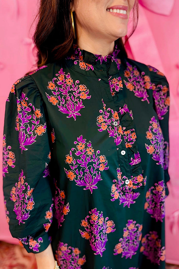 Botanical Print 3/4 Sleeve Pocket Midi Dress