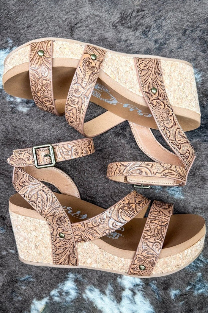 Western Tooled Floral Ankle Buckle Wedge Sandals