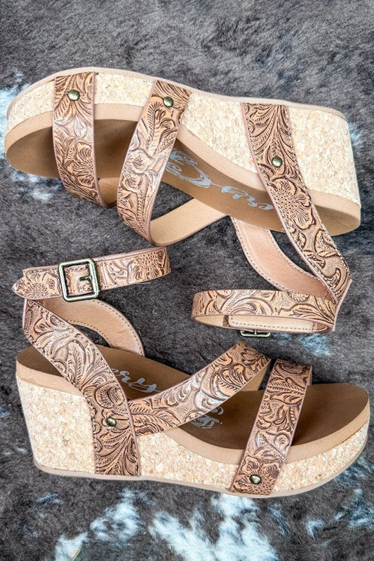 Western Tooled Floral Ankle Buckle Wedge Sandals