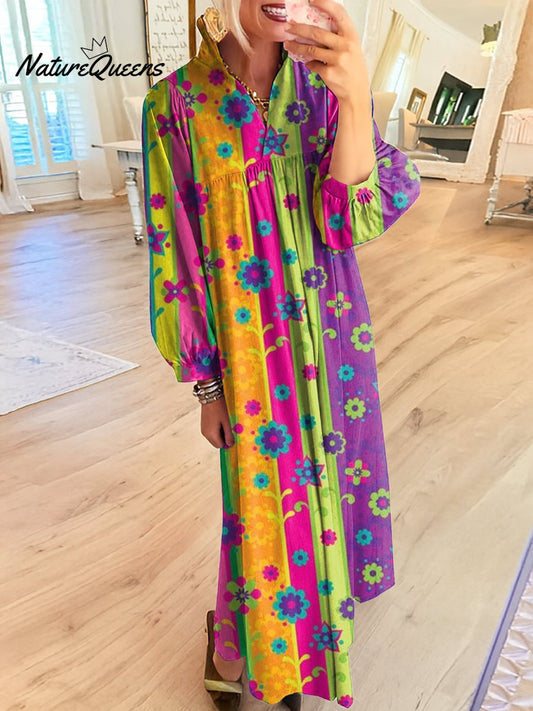 Women's Beautiful Colorful Floral Stripe Painting Art Print Dress