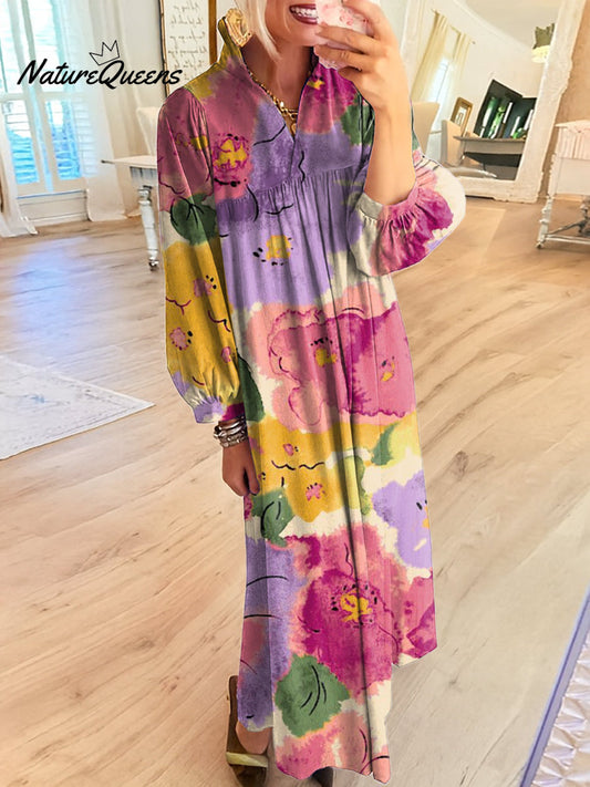 Women's Beautiful Colorful Large Flower Painting Art Print Dress