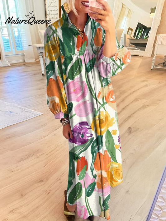 Women's Beautiful Colorful Large Flower Painting Art Print Dress