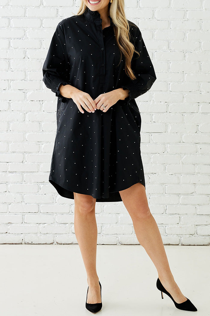 Pocketed Ruffled Collar 3/4 Sleeve Dress