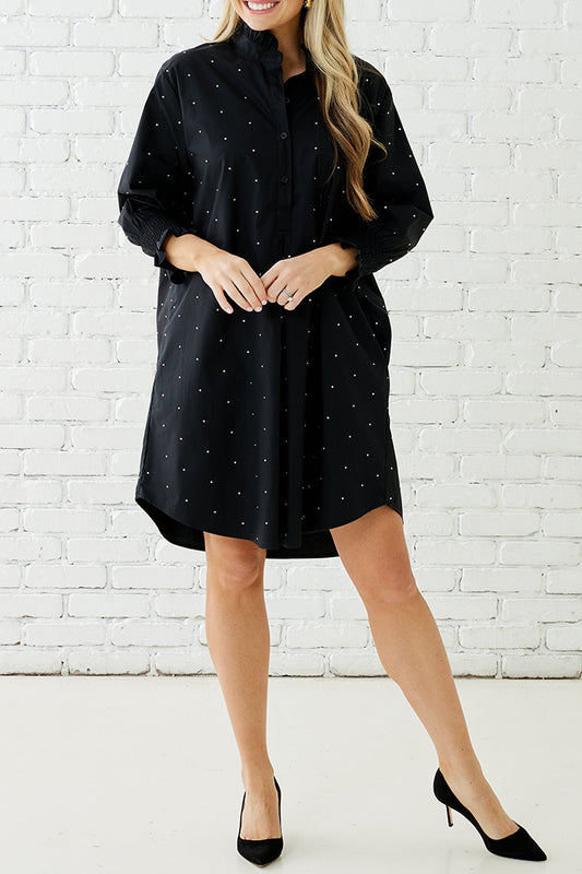 Pocketed Ruffled Collar 3/4 Sleeve Dress
