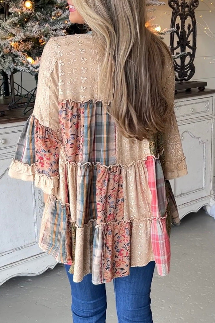 Boho Patchwork Plaid Floral Tiered Top