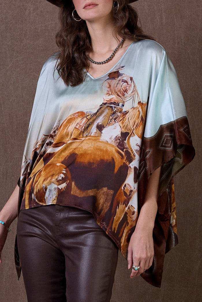 Pale Blue Western Print Poncho