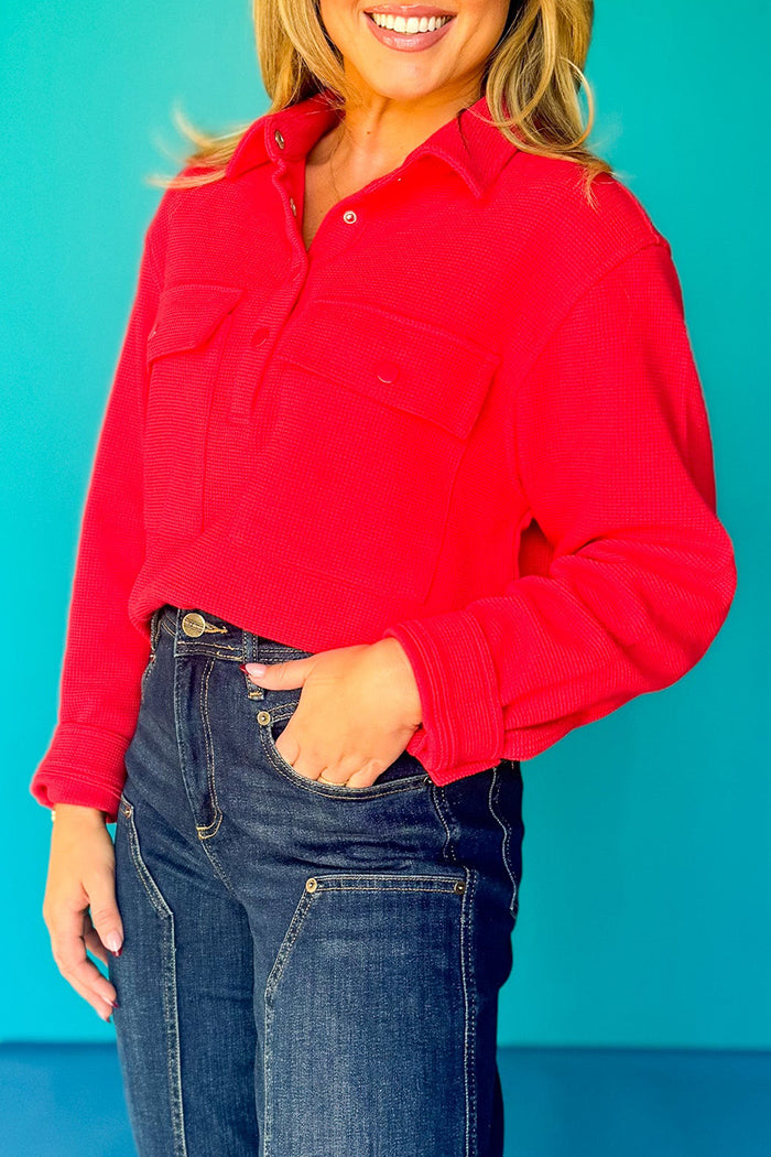 Waffle Knit Button Pocket Crop Top