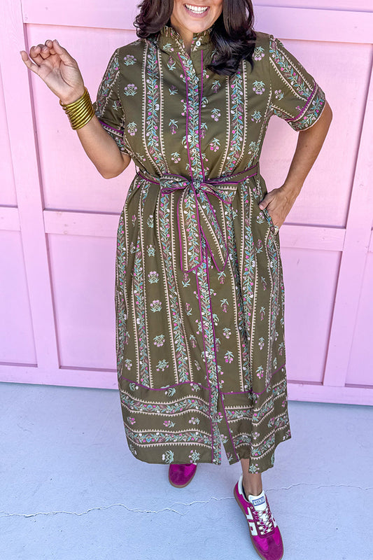 Ruffle Mock Collar Button-Pocket Dress