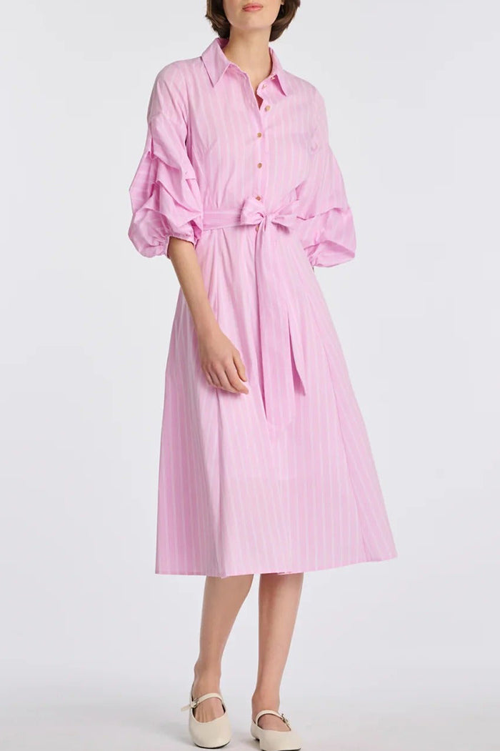 Belted Puff Sleeve Striped Dress