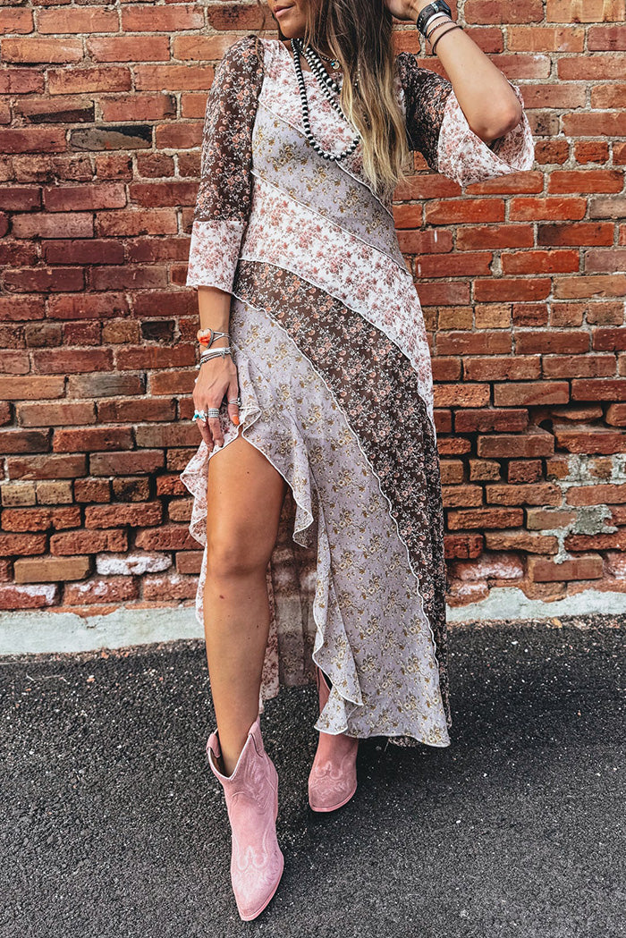 Floral Patchwork Ruffle Trim Back Zipper Dress