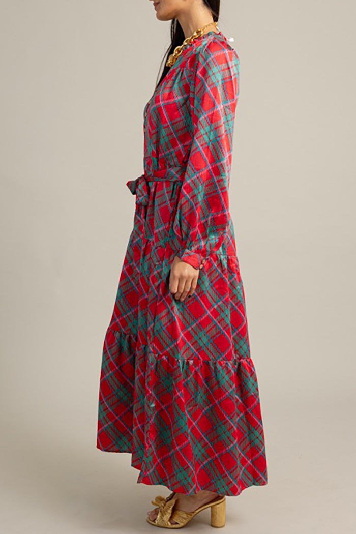 Tiered Plaid V-Neck Maxi Dress