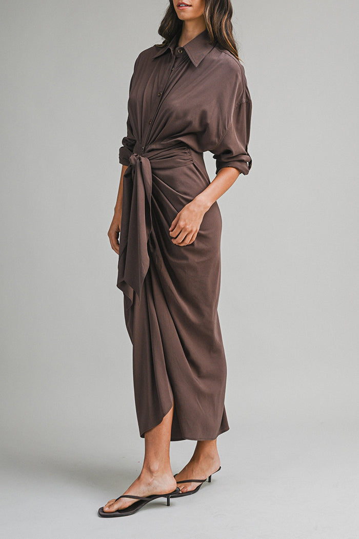 Ruched Front Tie Shirt Maxi Dress