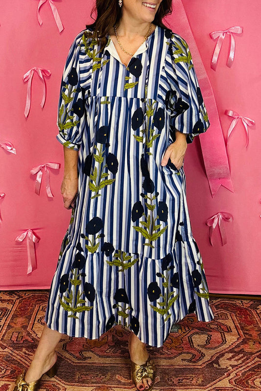 Striped Puff Sleeve Midi Dress