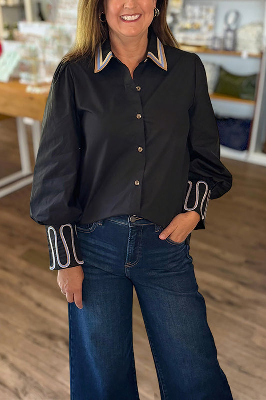 Contrast-Trim Embellished Black Blouse