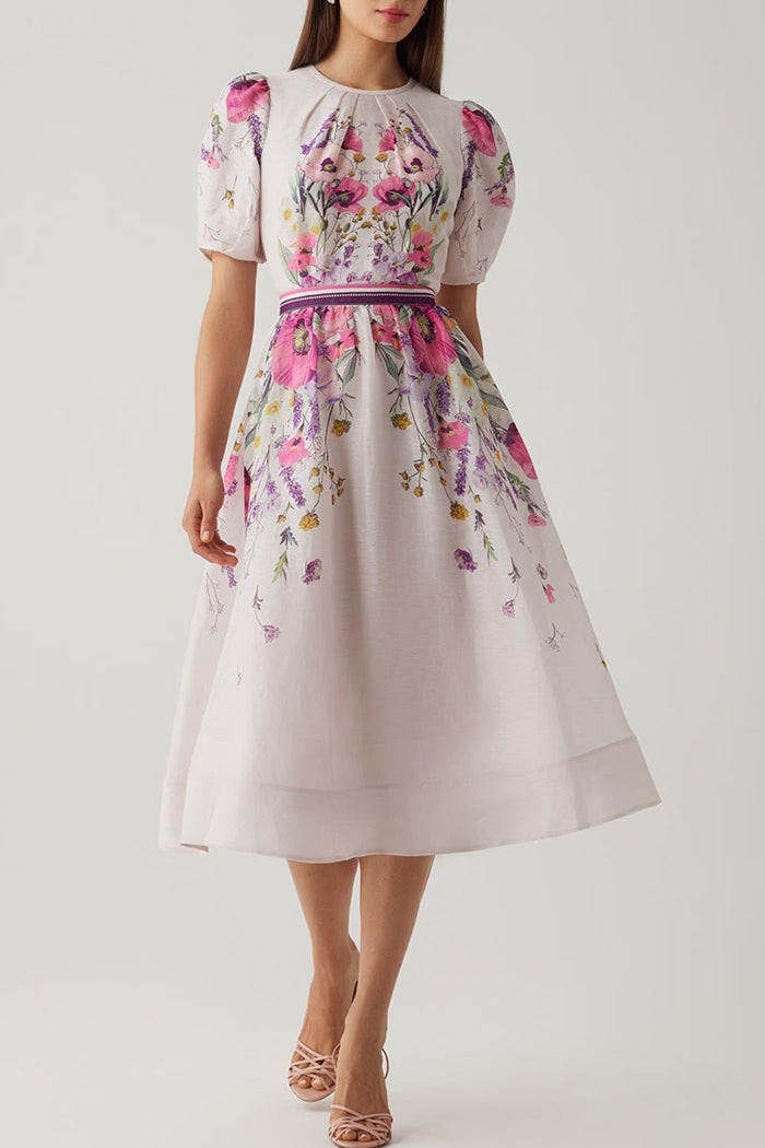 Floral Puffed Sleeve Waisted Dress