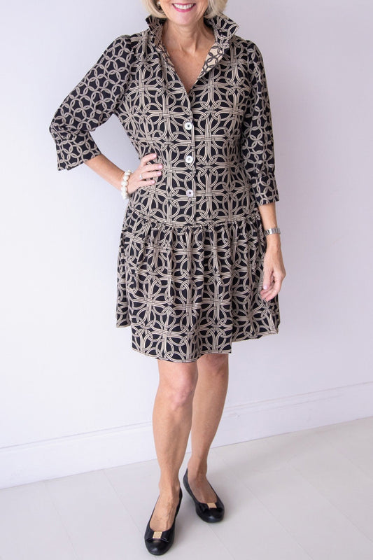 Geometric Pattern Ruffles Hem Dress