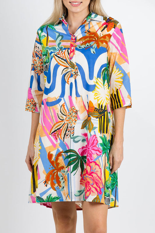 3/4 Sleeve Collared Floral Shirt Dress