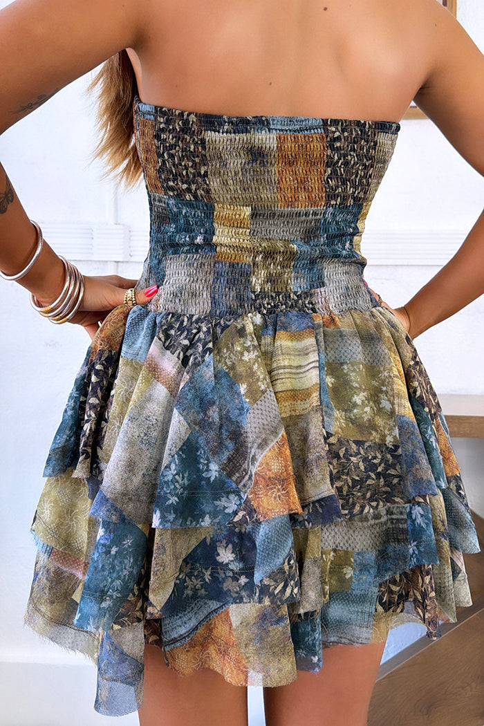 Strapless Patchwork Floral Tiered Dress
