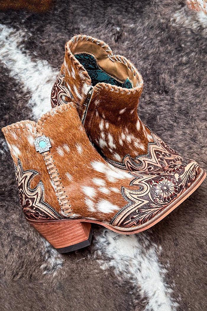 Spotted Cowhide Western Tooled Floral Ankle Booties