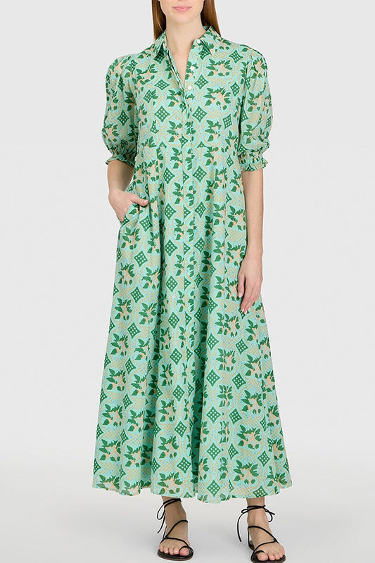 Button Front Puff Sleeve Pocket Dress