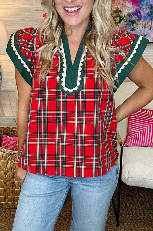 Flutter Sleeve Plaid Top