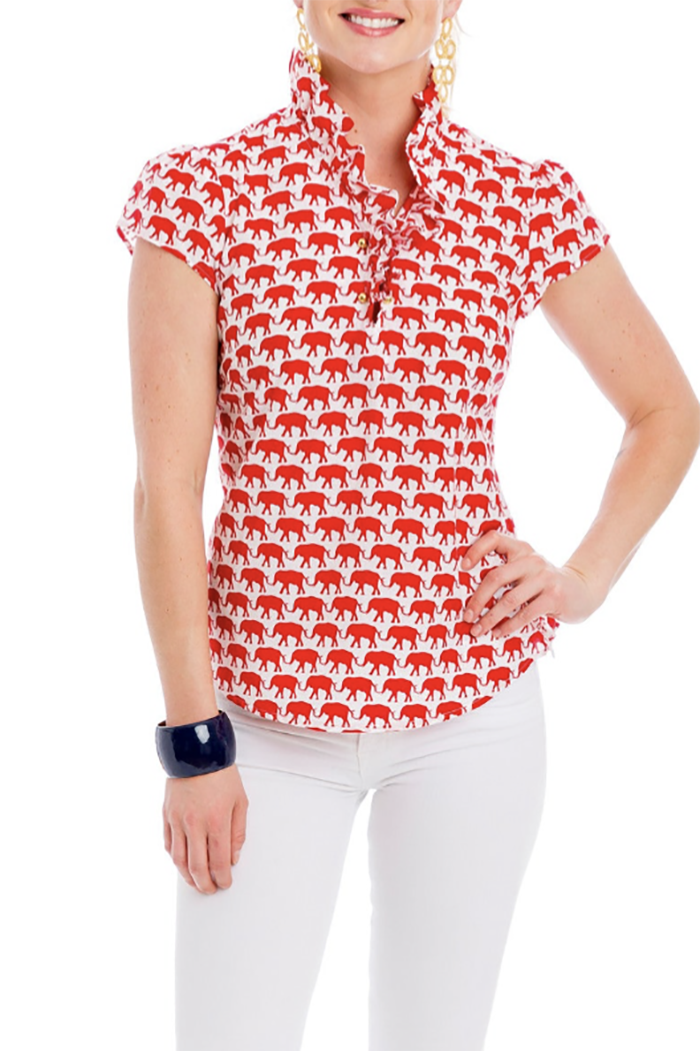 Elephant Print Ruffle Collar Blouse