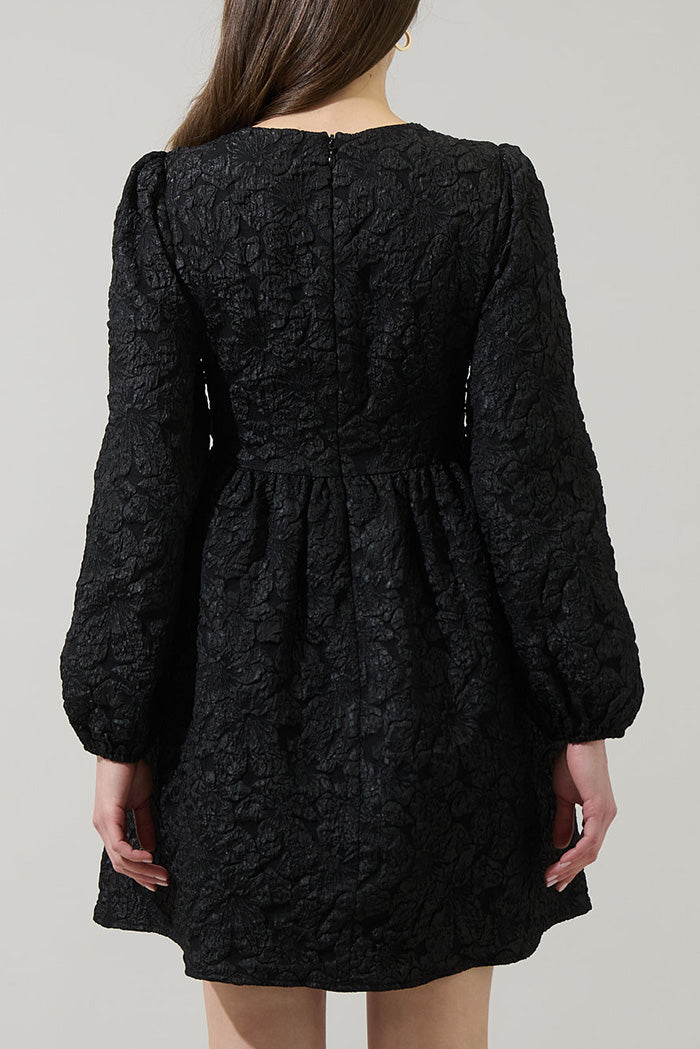 Black Textured Sequin Bow Puff Sleeve Dress