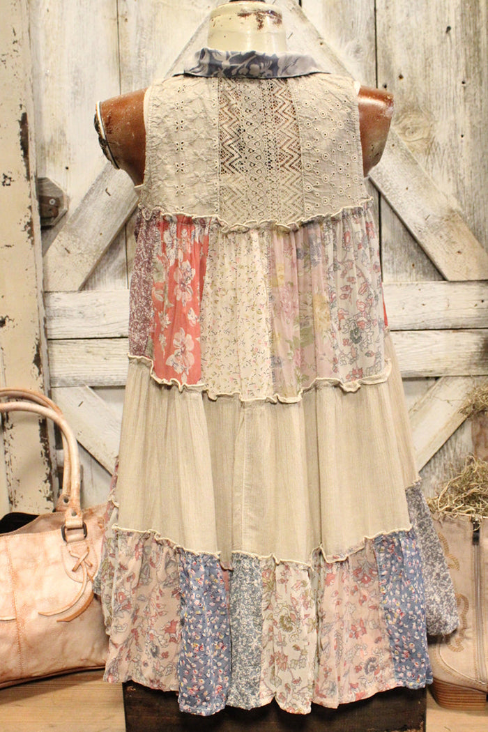 Collared Sleeveless Patchwork Tiered Swing Tank