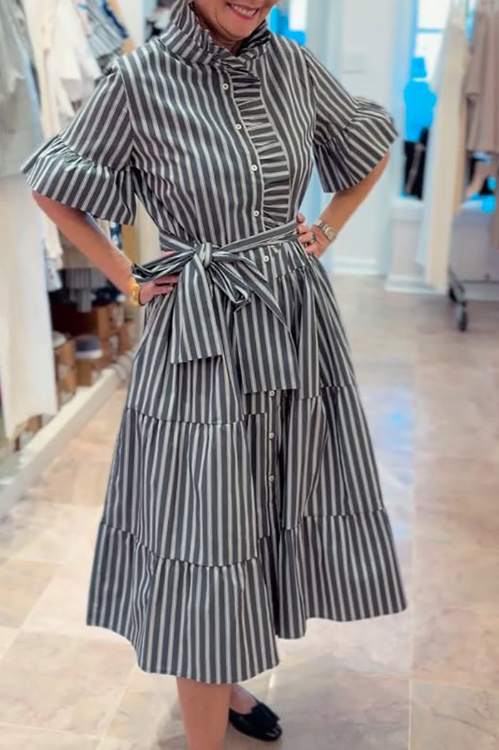 Flared Sleeve Striped Pocket Belted Dress