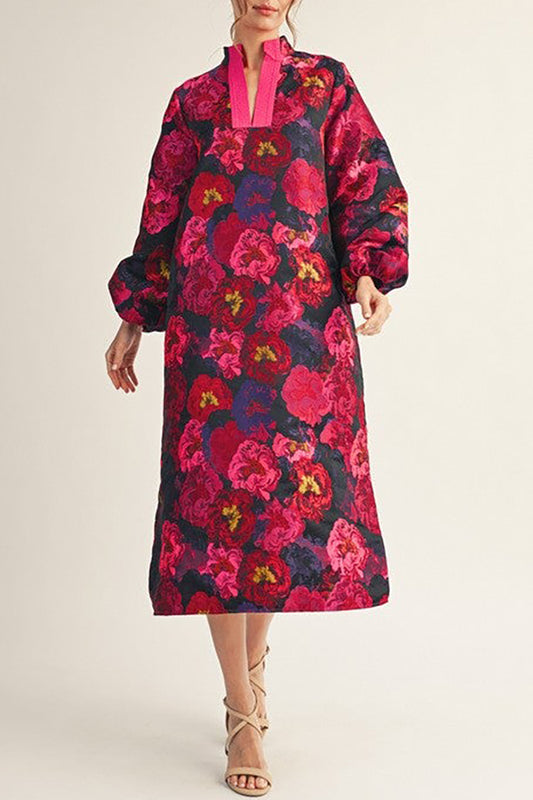 V-Neck Puff Sleeves Floral Pocket Midi Dress
