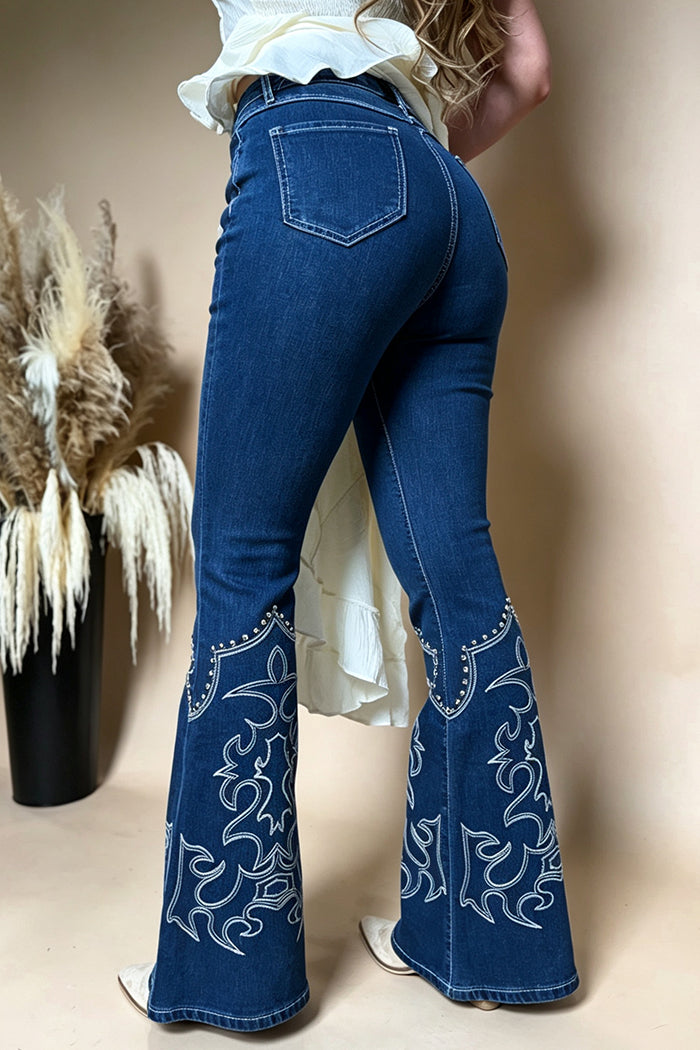Contrast Embroidered Flare Denim Pants