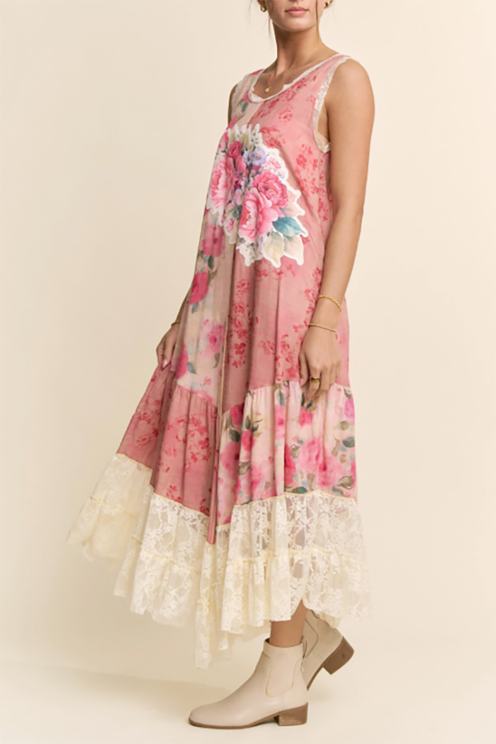Sleeveless Floral Lace Trim Tiered Dress