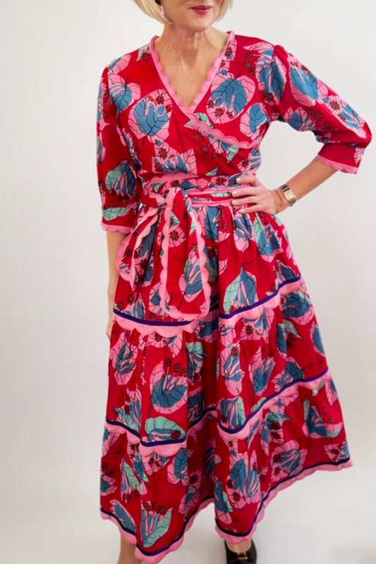 Belted Scalloped Trim Print Long Dress