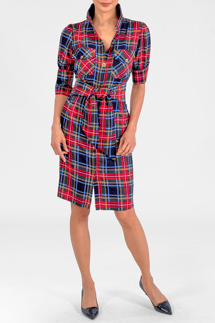 Plaid Pocket Collared Shirtwaist Dress