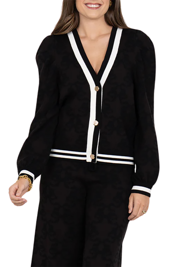 Black & White Trim V-Neck Button Cardigan