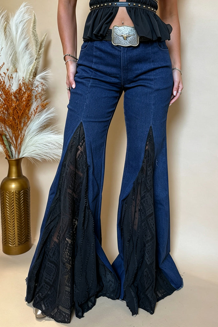 Denim Asymmetrical Lace Insert Bell Bottom Pants
