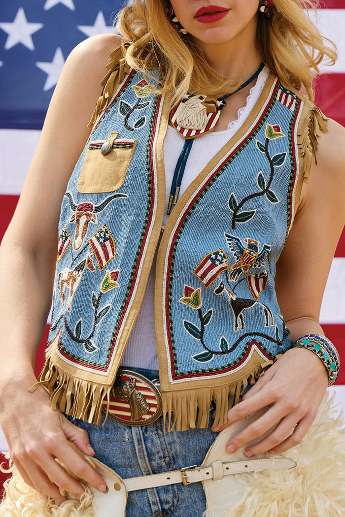 Fringe Trim Printed Collared Sleeveless Vest
