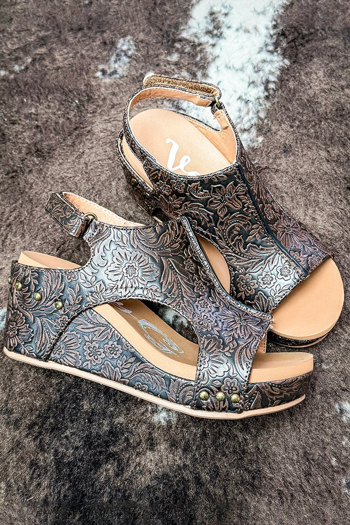 Western Tooled Floral Wedge Sandals