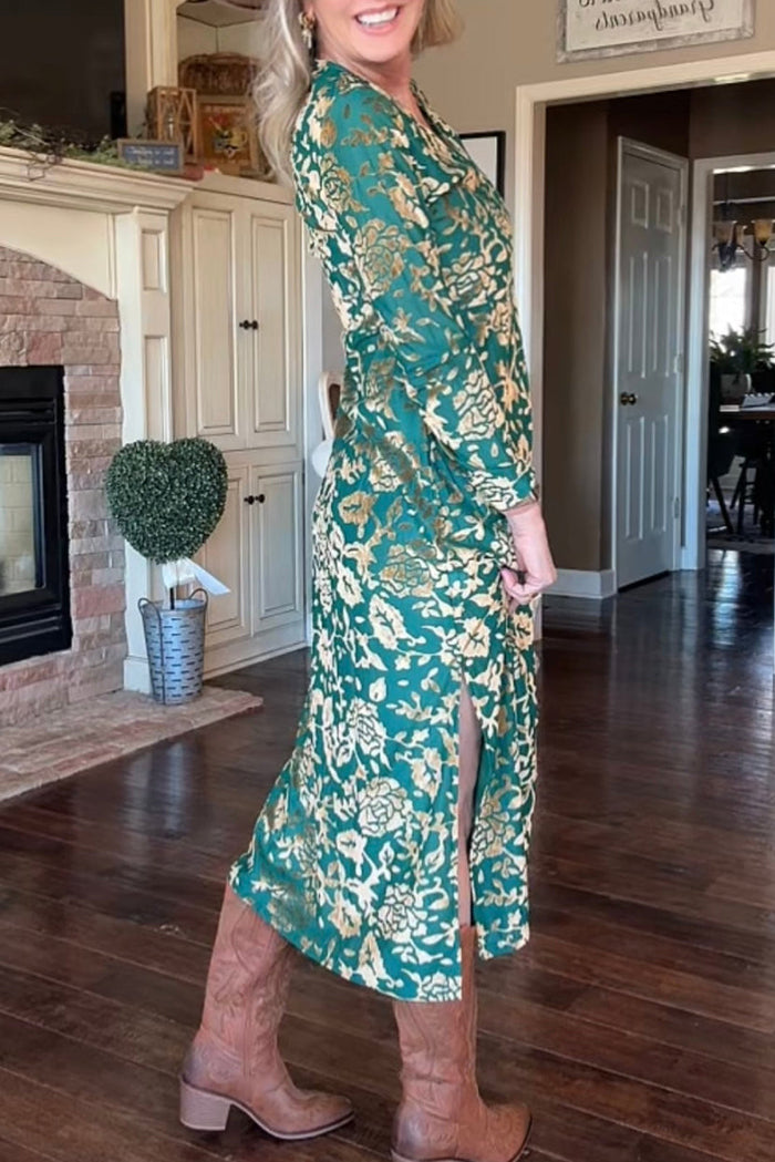 Long Sleeve Floral Split Hem Dress