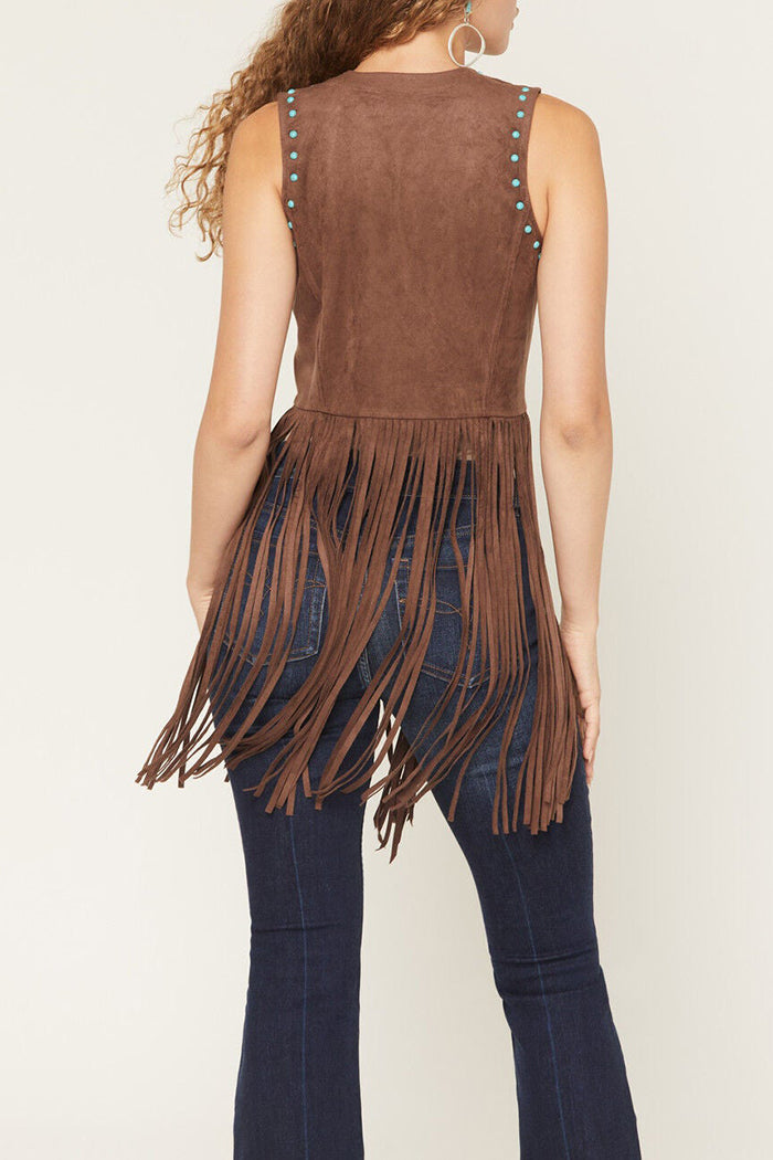 Western Bead Embellished Fringe Faux Suede Vest