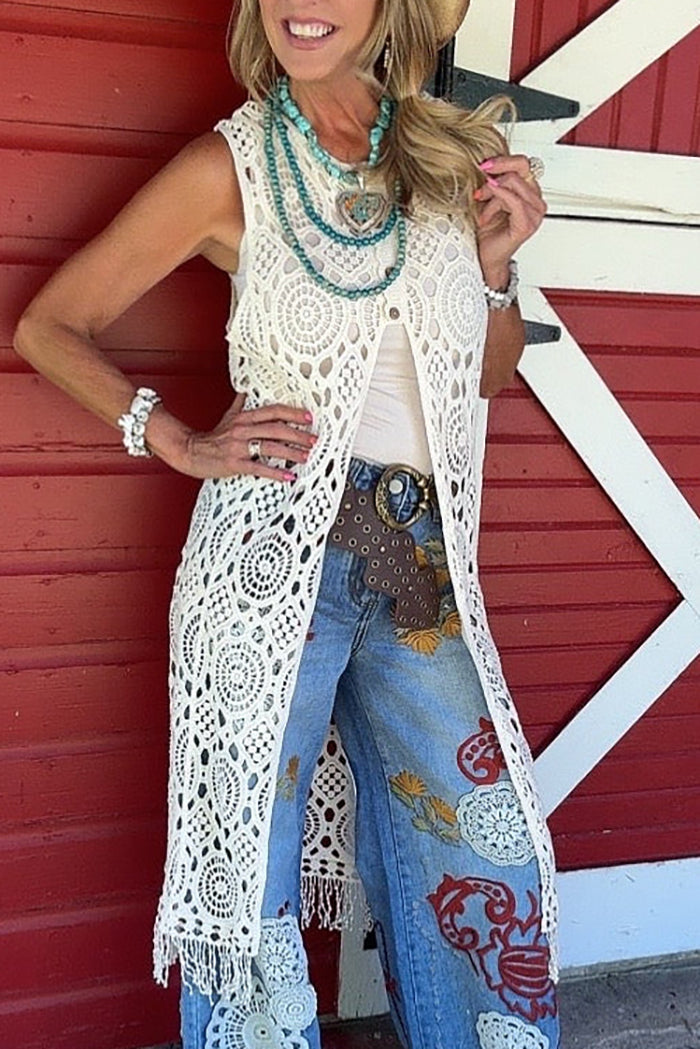 Sleeveless Crochet Fringed Long Duster