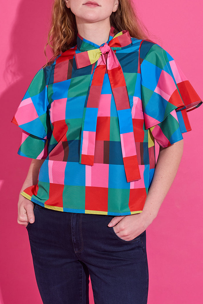 Color-Block Plaid Bow-Tie Ruffle Top