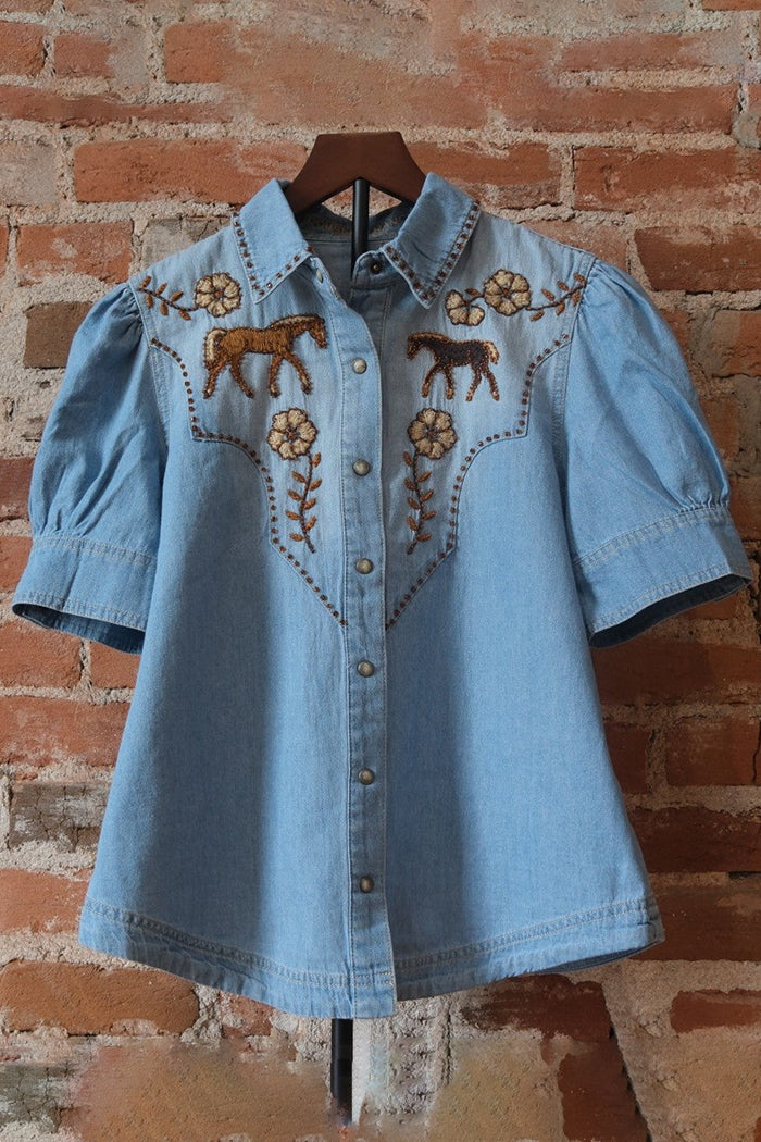 Horse Floral Puff Sleeve Chambray Top
