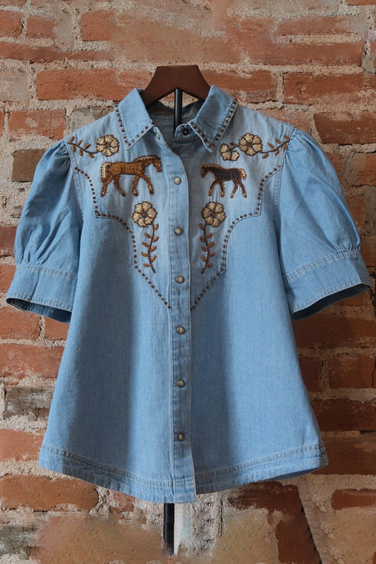 Horse Floral Puff Sleeve Chambray Top